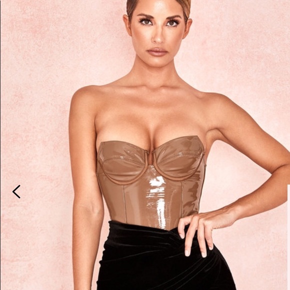 House of CB Tops - House of CB Vinyl Bodysuit- Coffee/ Nude